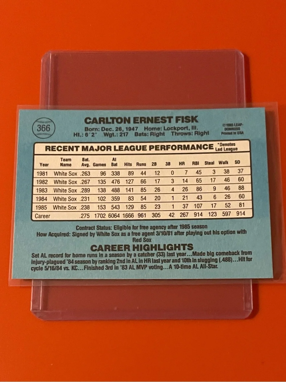 Carlton Fisk #366 1986 Donruss Baseball Trading Card